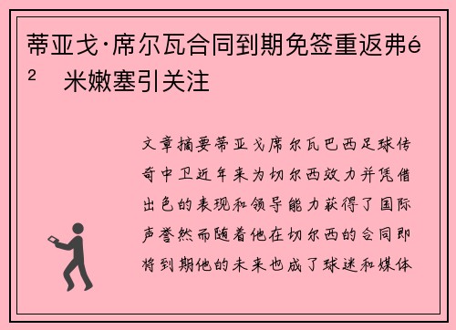 蒂亚戈·席尔瓦合同到期免签重返弗鲁米嫩塞引关注