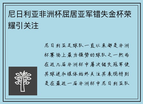 尼日利亚非洲杯屈居亚军错失金杯荣耀引关注